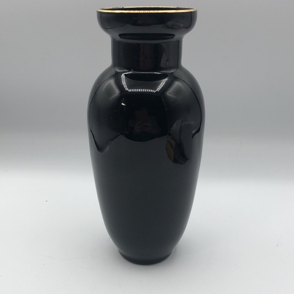VINTAGE VASE BLACK GLASS GOLD RIM FLORAL TRANSFER DESIGN 8.0 "TALL - Picture 2 of 5